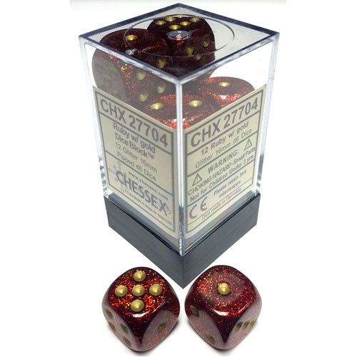 Chessex Glitter Ruby/Gold 16mm 12 D6 Dice Block