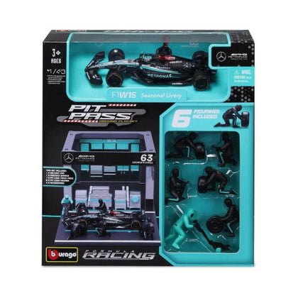 Bburago Formula Racing 2024 F1 Mercedes AMG #63 Russell Pit Pass 1:43 Scale Diecast Vehicle Diorama Playset