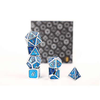 LPG Metal RPG 7 Dice Set Serif Blue/Silver