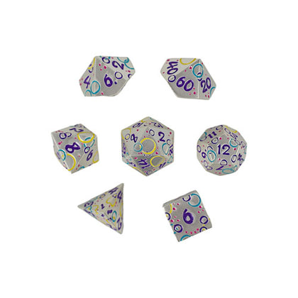 LPG Metal RPG 7 Dice Set Inscripted Bubbles Pastel White