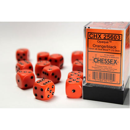 Chessex Opaque Orange Black 16mm 12 D6 Die Set