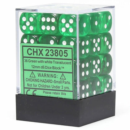 Chessex Translucent Green White 12mm 36 D6 Die Block