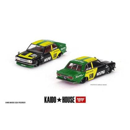 Kaido House Mini GT Datsun 510 Street Racing V2 Black Green Yellow 1:64 Scale Diecast Vehicle