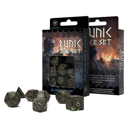 Q Workshop Runic Bottle Green and Gold 7 Dice Set