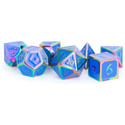 MDG Metal Polyhedral Dice Set Rainbow/Blue Enamel