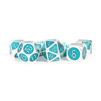 MDG Metal Poly Silver/Teal Enamel 7 Dice Set