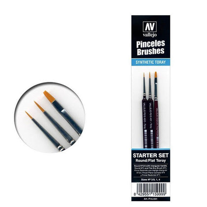 Vallejo Brushes 3pc Brush Starter Set Round No.S 1 Y 3/0-Flat No.4