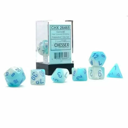 Chessex Gemini Pearl Turquoise-White/Blue Luminary 7 Die Set