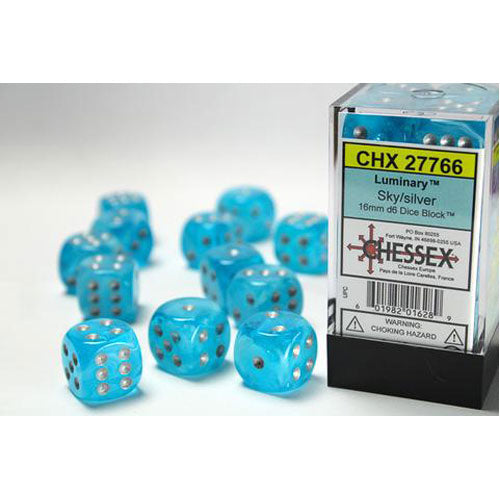 Chessex Sky/Silver Luminary 16mm 12 D6 Dice Block