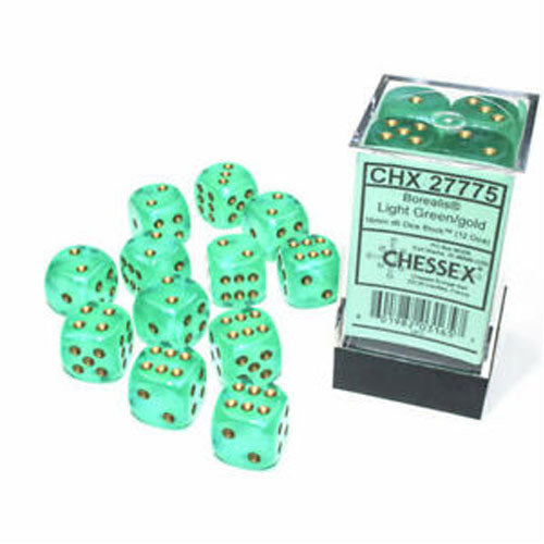 Chessex Borealis Light Green/Gold Luminary 16mm 12 D6 Dice Block