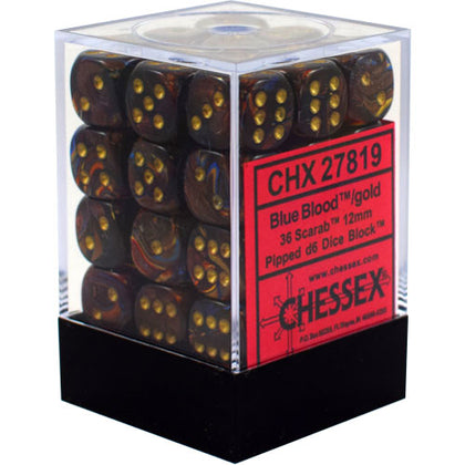 Chessex Scarab Blue Blood/Gold 12mm 36 D6 Dice Block