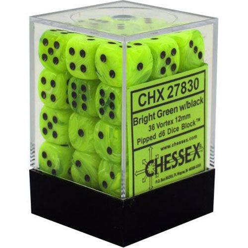 Chessex Vortex Bright Green/Black 12mm 36 D6 Dice Block