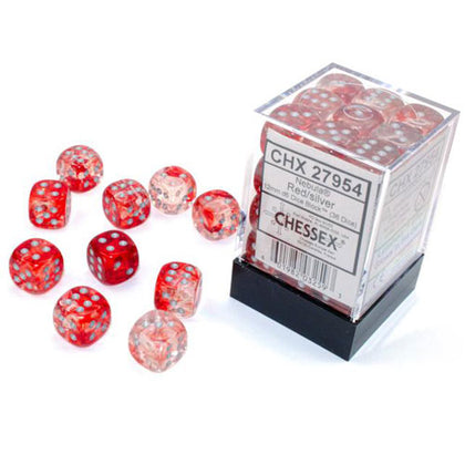 Chessex Nebula Red/Silver Luminary 12mm 36 D6 Dice Block