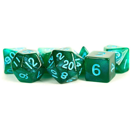 MDG Polyhedral Acrylic Dice Set 16mm with Blue Numbers Stardust Green